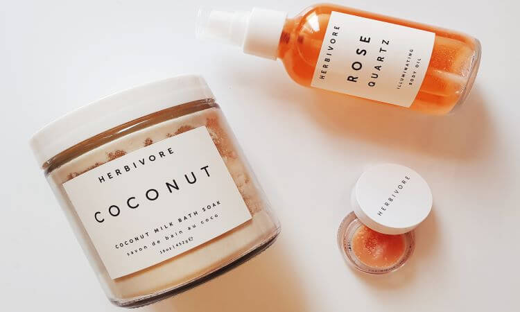 Reviewing Herbivore's Coconut Milk Bath Soak, Rose Quartz Illuminating Body OIl and Coco Rose Lip Polish