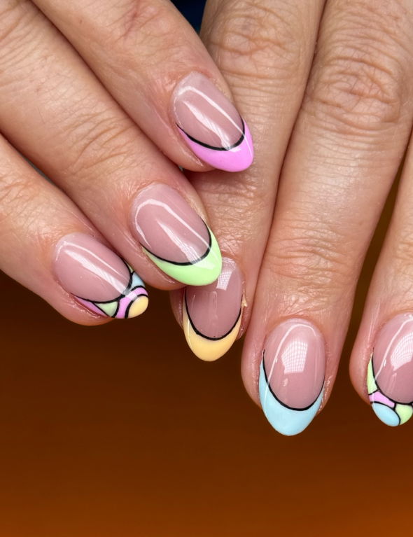 short mosaic french tip pastel nails