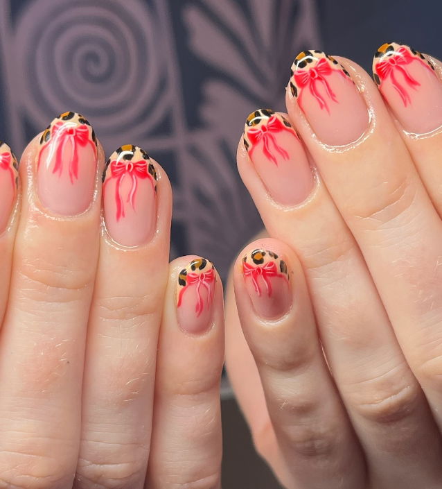 short almond nails bows and leopard print