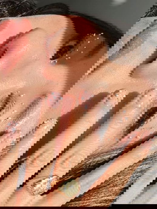 short square nails with 3d pearls