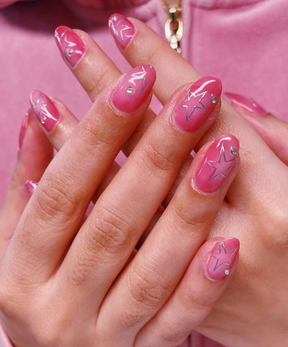 pink silver star nails
