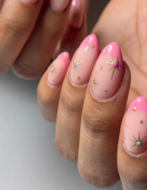 pink and nude nails with stars