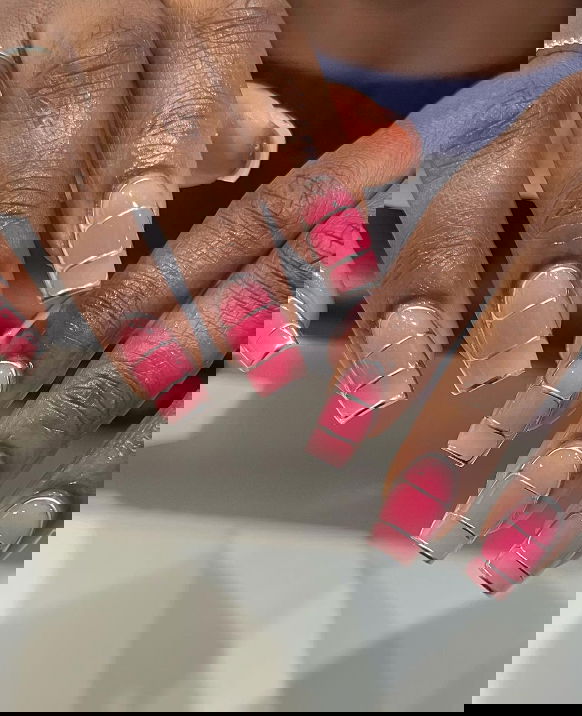 pink aura nails with silver chrome