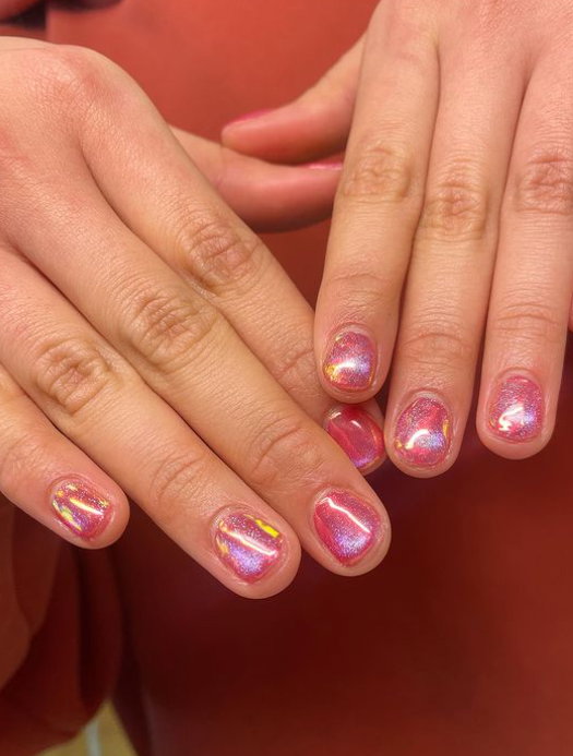 pink shimmer aurora nails