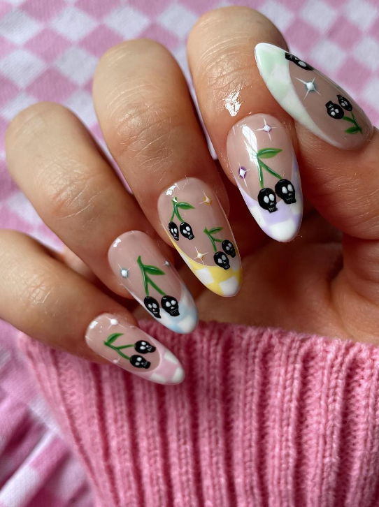 pastel french tip gingham almond nails