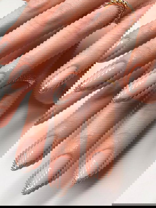 silver glitter almond french tip nails