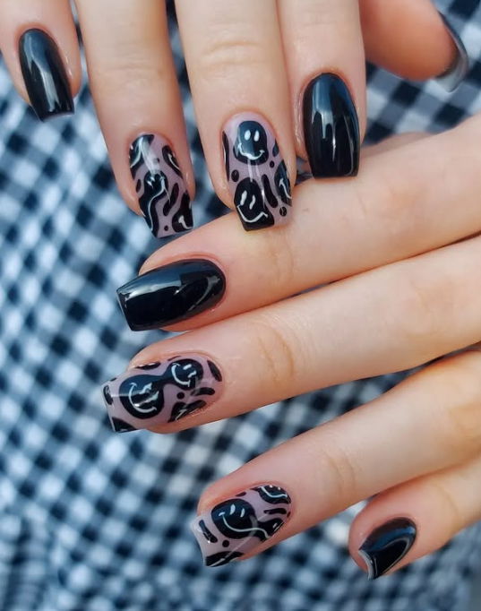 black smiley face nails square