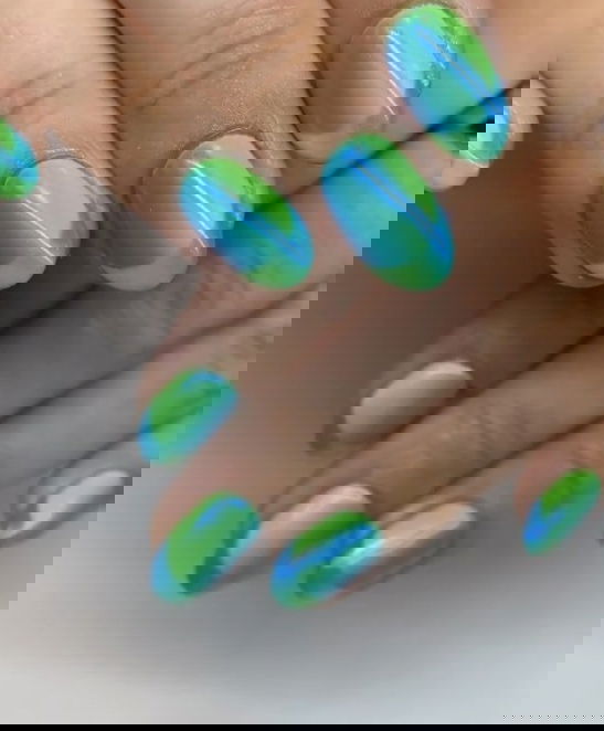 blue and green chrome french tip nails