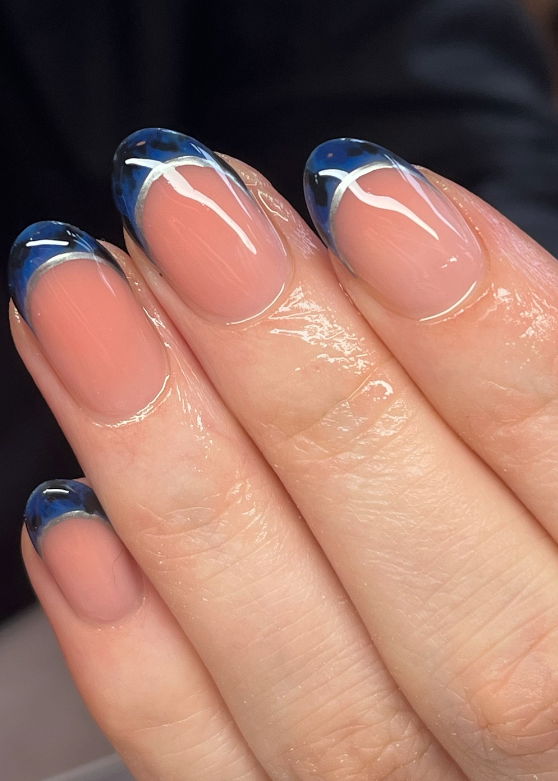 dark blue and silver tortoiseshell french tips