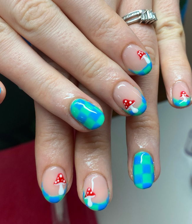 green and blue checkerboard nails