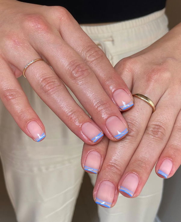 light blue double french tip nails