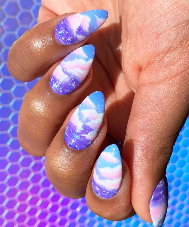 ombre cloud nails with pink clouds
