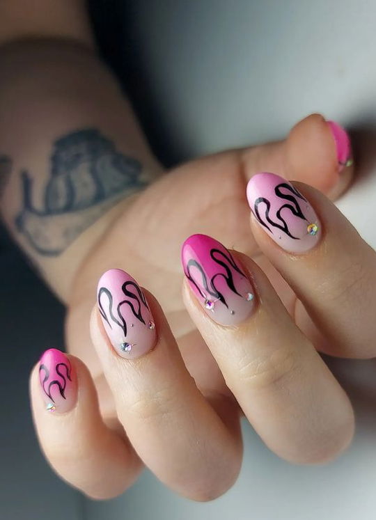pink ombre nails with flames