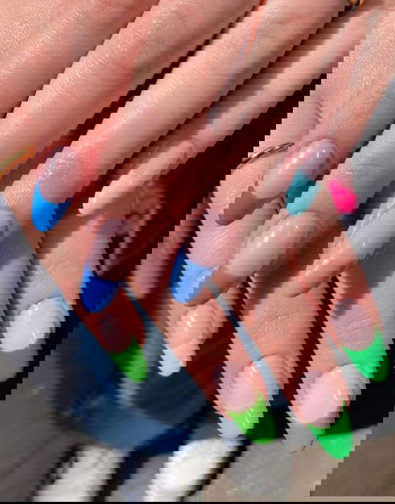 shades of blue and green french tip nails