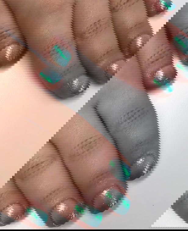turquoise ombre french tip nails with glitter