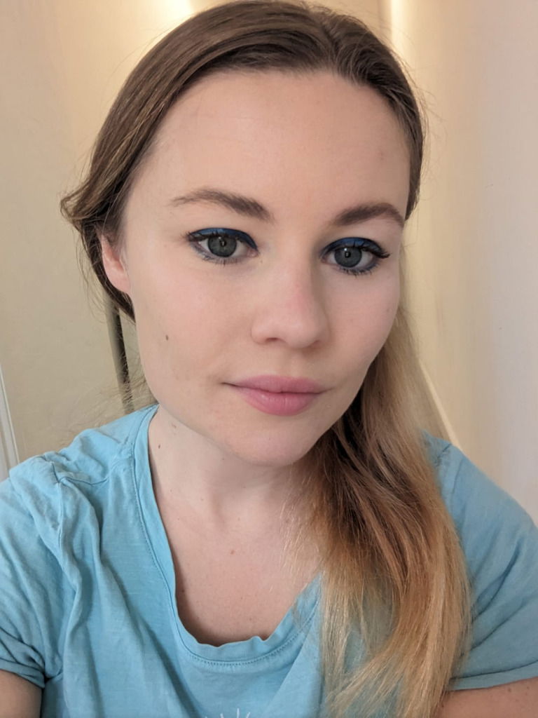 Journalist Shannan Sterne uses blue eyeshadow on blue eyes