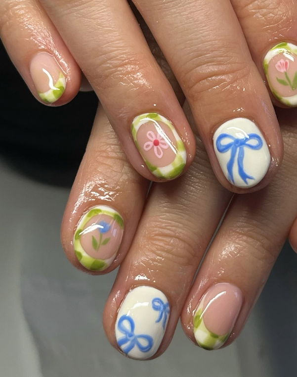blue and green bow nails