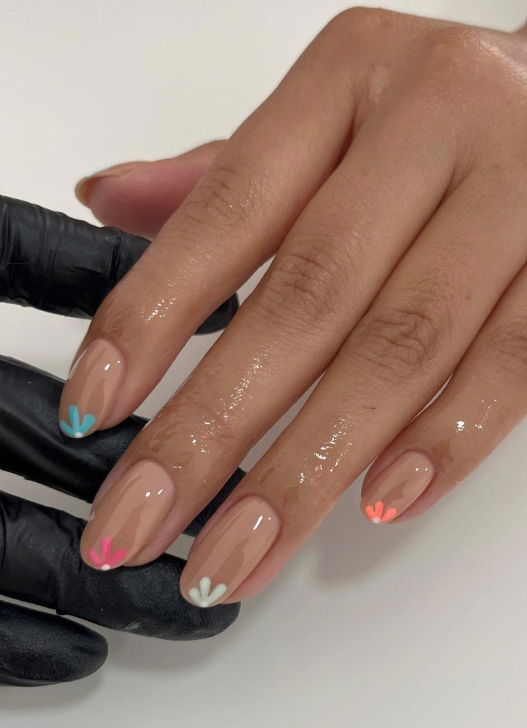 brown nails with multicoloured flower details