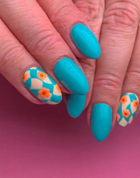 checkered blue wih flowers blush