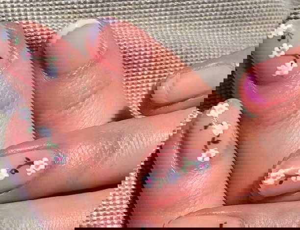 pink and purple french nails with flowers