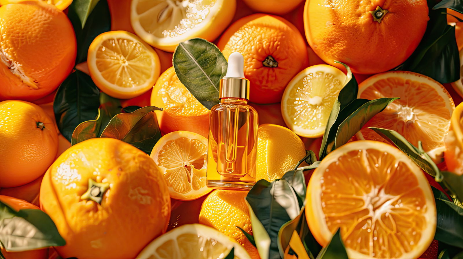 A high-end product photo of a luxury skincare serum enriched with vitamin C